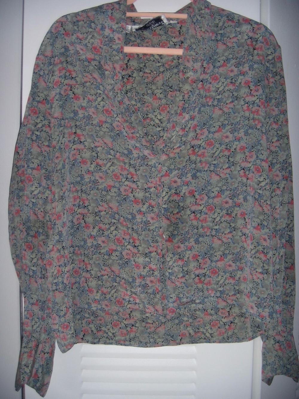 100% Silk Floral V-Neck Blouse - Pink & Green